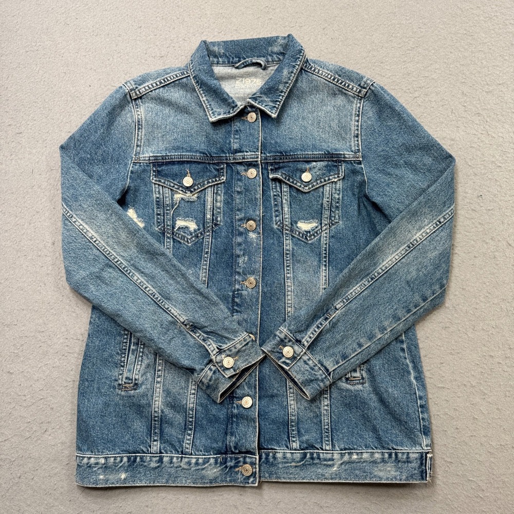 Zara 1975 Trucker Jacket Women's Medium Blue Denim Classic Fit Distressed Cowboy